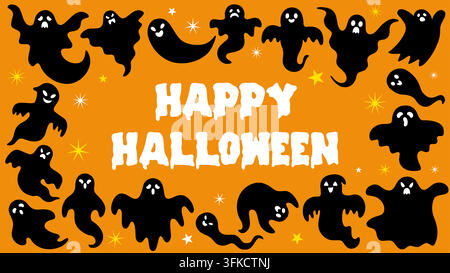 Happy Halloween Banner with Black Ghost Silhouettes on Orange Vector Illustration Stock Vector