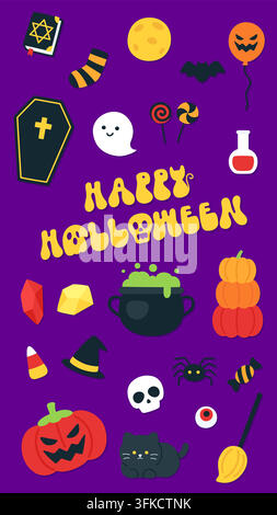 Happy Halloween Poster with Pumpkins Cauldron Coffin and Black Cat Vector Illustration Stock Vector