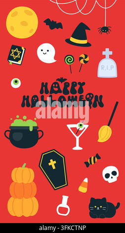Happy Halloween Poster with Tombstone Cauldron Pumpkins and Cat Vector Illustration Stock Vector