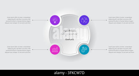 3D Paper Cut 4 Steps Central Circle Infographic Process Diagram Template Stock Vector