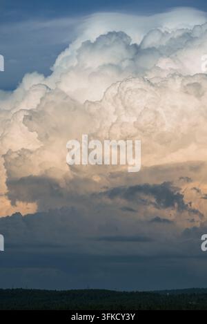Towering cumulonimbus clouds dominate the sky, illuminated by the warm hues of the setting sun, creating a dramatic and awe-inspiring scene above a tranquil forest landscape Stock Photo