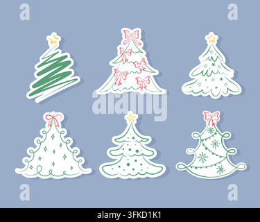 Set of doodle Christmas trees stickers. Hand drawn Christmas trees. Fir, spruce, pine. Vector illustration Stock Vector