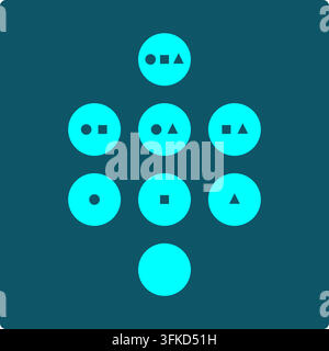 Eight circles,1 per subset of a 3-element set, stacked from the empty set at the bottom to the full set at the top, each holding the small shape belon Stock Vector
