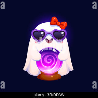Cute cartoon Halloween ghost character wearing heart shaped sunglasses and red bow holding a glowing crystal ball. Adorable spooky phantom baby girl p Stock Vector