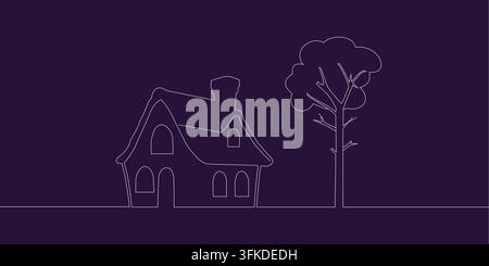 Line Drawing of House and Tree Outline Stock Vector