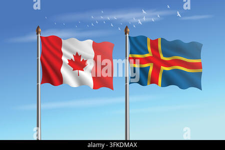 Canada and Aland Islands flags relation with sky backgrund Stock Vector
