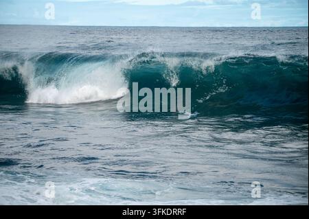 A powerful ocean wave breaking in the open sea, showcasing turquoise water, white sea spray, and rolling ripples under a light blue sky. Stock Photo