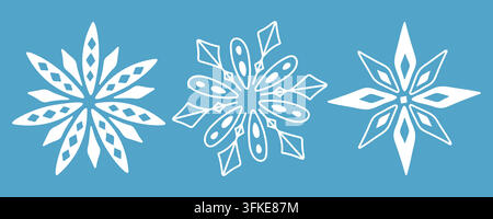Minimalist white snowflakes set on blue background for Christmas design Stock Vector