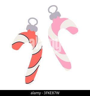 Pink and red candy cane Christmas tree ornaments hand drawn vector set Stock Vector