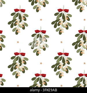 Floral Christmas seamless pattern of mistletoe branches and berries and red bow for seasonal background, wrapping paper, packaging Stock Vector