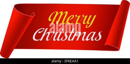 Merry Christmas scroll paper banner. red paper ribbon on white background. realistic label. isolated vector illustration Stock Vector
