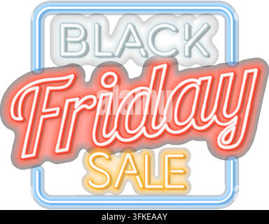 Black Friday Sale neon banner. Design signboard for blackfriday sale on brickwall texture. Glowing white, orange and red neon letters in frame. Realis Stock Vector