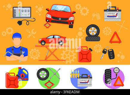 Car Service and assistance Infographics with Flat Icons mechanic, tire, pressure and power. Vector illustration Stock Vector