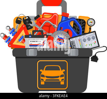 Auto Service Concept with Car tools and toolbox in hand car mechanic flat Icons. Isolated vector illustration. Stock Vector