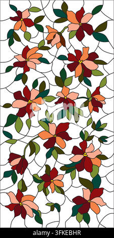Vector template of stained glass window with flowers. Floral pattern for windows, doors, ceilings. Stock Vector