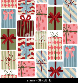 Hand-drawn festive seamless pattern or background of wrapped gifts and bows for holiday packaging or event decor, wrapping paper Stock Vector