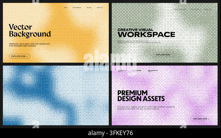 Pixel dithering pattern backgrounds. These creative digital backgrounds feature an expressive halftone texture, offering a fresh aesthetic. Flat vecto Stock Vector