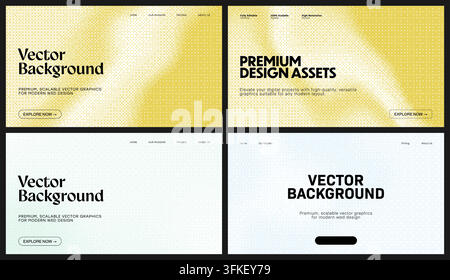 Pixel dithering pattern backgrounds set. These digital halftone gradient backgrounds feature a smooth composition and versatile color palettes. Modern Stock Vector