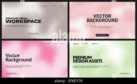 Pixel dithering pattern backgrounds. This digital halftone background set showcases various gradient compositions, perfect for subtle visual effects. Stock Vector