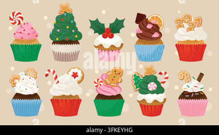 Set of various Christmas cupcakes with candies, cookies, chocolate, cookies, and sprinkles. Cute flat-style vector illustrations Stock Vector