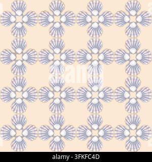 Seamless pattern of hand painted scallop shells in soft blue, lavender and pearlescent pastel shades on a warm cream background. Delicate coastal desi Stock Photo