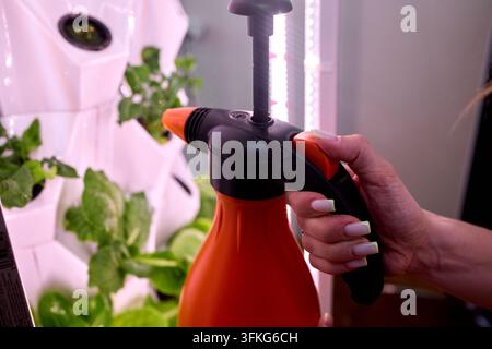 Woman refreshing mirror with spray. Casual woman cleaning mirror with spray in bright room. Relaxed woman using spray to clean mirror on vanity during Stock Photo