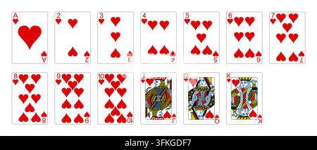 All thirteen playing cards of the hearts suit from ace to king, classic French deck design with jack, queen and king court cards. Flat vector illustra Stock Vector