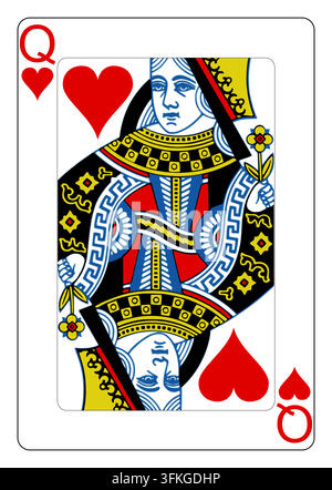 Queen of Hearts: single playing card from a classic standard 52-card French deck, red hearts suit, face card with corner indices. Flat vector illustra Stock Vector