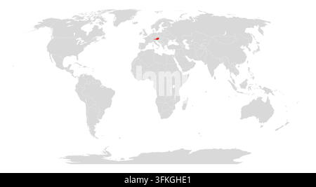 Vector world map in light grey with Austria highlighted in red, white country borders, no labels. For infographics, presentations, news graphics and t Stock Vector
