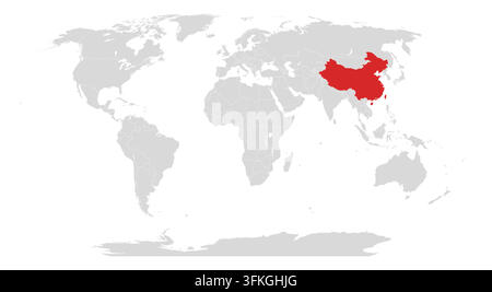 Vector world map in light grey with China highlighted in red, white country borders, no labels. For infographics, presentations, news graphics and tra Stock Vector