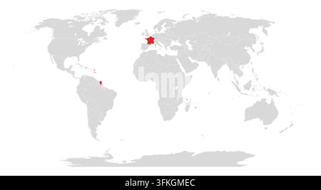 Vector world map in light grey with France highlighted in red, white country borders, no labels. For infographics, presentations, news graphics and tr Stock Vector