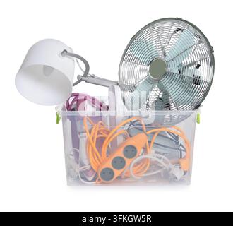 Plastic container with different broken household appliances for recycling isolated on white Stock Photo