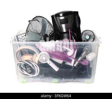 Plastic container with different broken household appliances for recycling isolated on white Stock Photo
