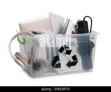 Plastic container with different broken household appliances for recycling isolated on white Stock Photo