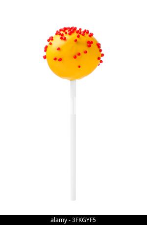 One tasty yellow cake pop with sprinkles isolated on white Stock Photo