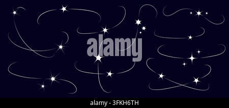Y2K white star sparkles with curved swoosh trails on dark. Chalk swirl lines vector collection Stock Vector
