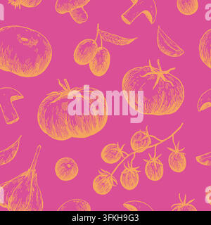Seamless pattern with Mediterranean vegetable food in retro sketchy style. Hand drawn monochrome illustration. Stock Vector