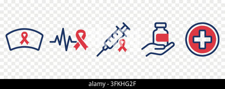 World AIDS Day medical icon set with red ribbon syringe heartbeat and nurse hat vector graphic Stock Vector