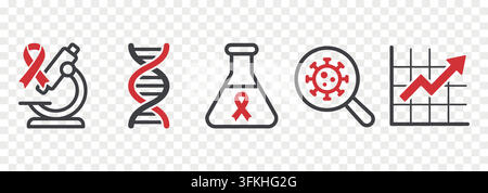 World AIDS Day medical research vector icon set featuring DNA microscope and virus infection chart Stock Vector