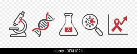 World AIDS Day medical research icon set with DNA microscope and red ribbon HIV vector art Stock Vector