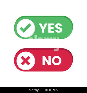 Graphic illustration of green Yes with check mark and red No with cross mark rounded switch buttons, isolated on a clean white background UI design. Stock Vector