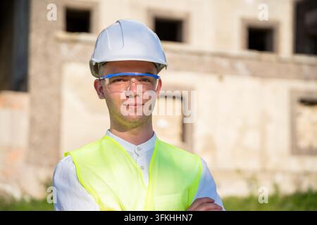 Confident construction professional wearing hard hat and high visibility vest at building site. Architecture careers recruitment and workplace safety. Stock Photo
