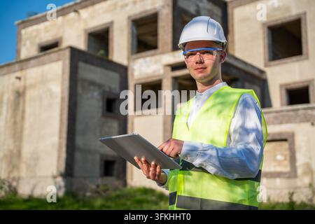 Construction professional using tablet at unfinished building site while wearing hard hat and safety vest. Architectural services construction technol Stock Photo