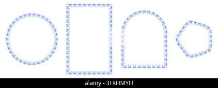 Blue double bow lace border frames form circle, rectangle, arch plus pentagon outlines linked by elegant ribbon garland trim as coquette set isolated on white background for scrapbook card layouts. Stock Vector