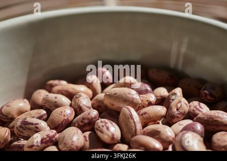 Dried borlotti beans, sometimes called catarino beans, the Italian variety of cranberry beans, in a bowl and ready to cook. Stock Photo