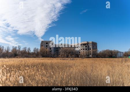 Abandoned unfinished building in autumn reed beds under blue sky Stock Photo