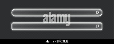 Neon glass search bar, glowing white magnifying glass button, website UI element. Stock Vector