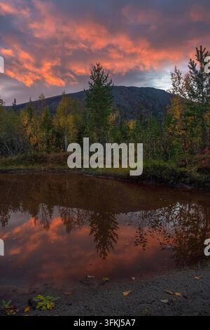 A vertical landscape shot capturing a dramatic fiery sunset over a serene mountain lake. The vibrant orange and pink twilight clouds are perfectly reflected in the still water surface, framed by a dense mixed forest of green pine trees and golden-yellow au Stock Photo