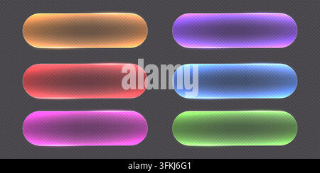 Transparent glass buttons with glowing neon edges. Futuristic rounded action buttons. Stock Vector
