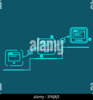 Software update icon: versions climb a staircase as updates close security gaps, until the latest release is fully sealed. Stock Vector